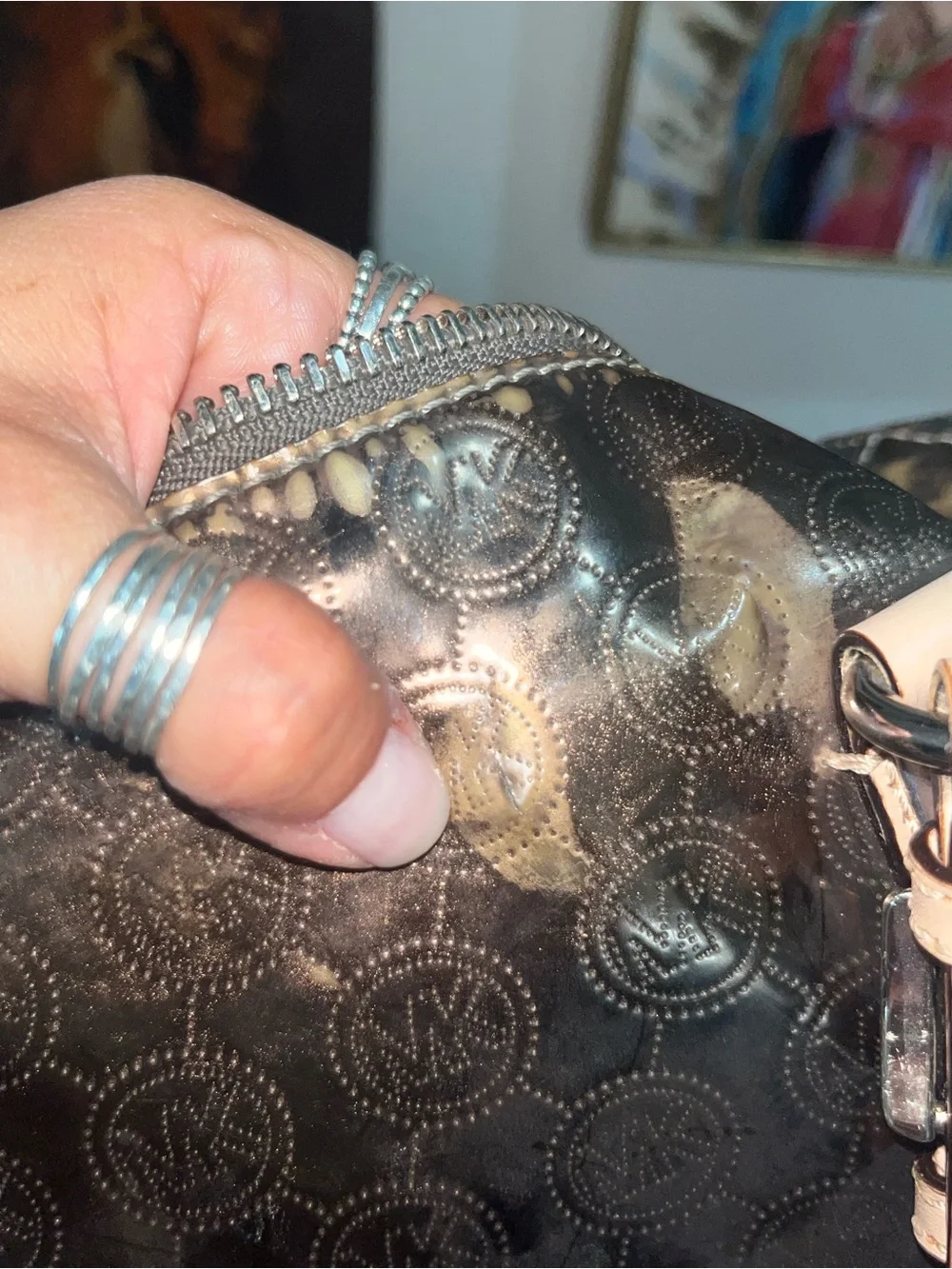 Michael Kors Black Logo-Embossed Satchel with Pale Pink Handles